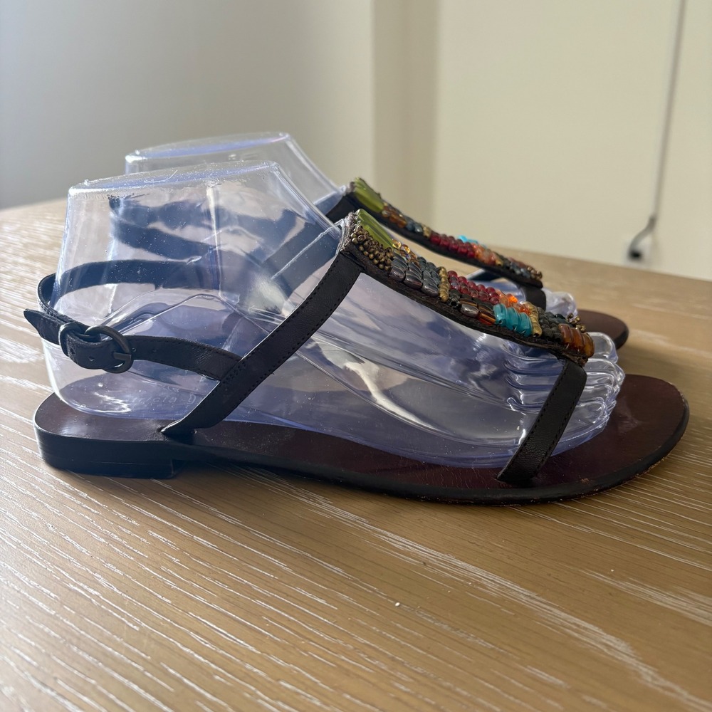 Patricia Green Collection Beaded Leather T-Strap Flat Sandals Brown Womens 8